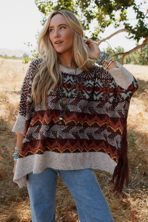 Zahra Aztec Fringe Poncho: undefined