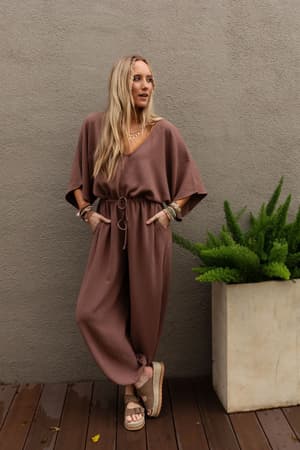 The Nest New Love Relaxed Drawstring Jumpsuit in Mocha from Three Bird Nest
