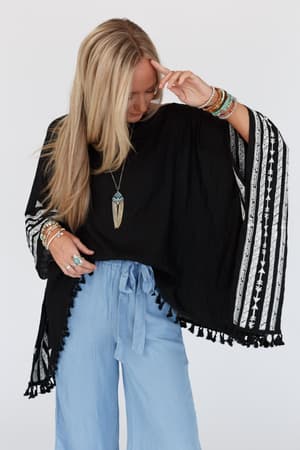 fallon-embroidered-sleeve-tassel-poncho-black/Black