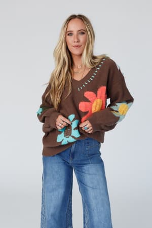 good-mood-flower-print-sweater-brown/Chocolate