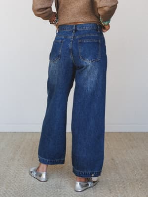 Shot from behind, a model pairs wide-leg dark wash jeans with a camel sweater and silver metallic flats — the kind of effortless back-view that makes you want to recreate the whole outfit.