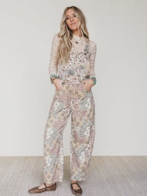 Vintage Boho Denim Overalls - Taupe Multi XL / Taupe Multi