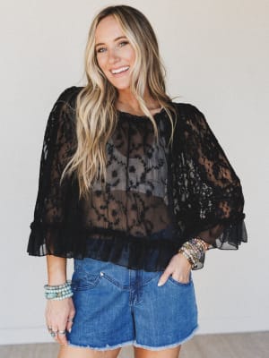 Bianca Sheer Ruffle Blouse - Black L / Black