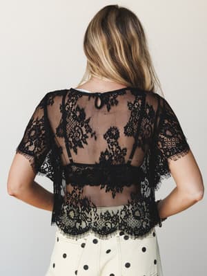 A back-facing model in a sheer black lace crop top with floral panels and scalloped hem edges, paired with cream polka dot pants — romantic and a little unexpected.