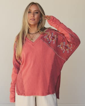 Rosebud Long Sleeve Embroidered Top: undefined