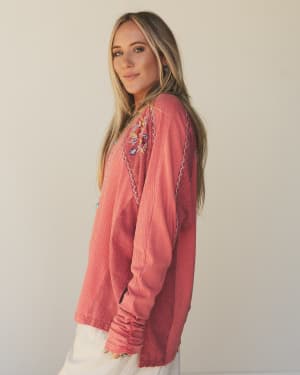 Rosebud Long Sleeve Embroidered Top - Rustic Red L / Rustic Red