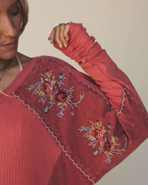 Rosebud Long Sleeve Embroidered Top  - Rustic Red L / Rustic Red