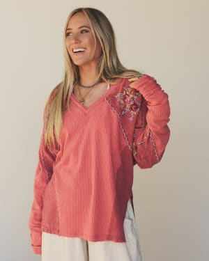 Rosebud Long Sleeve Embroidered Top  - Rustic Red L / Rustic Red