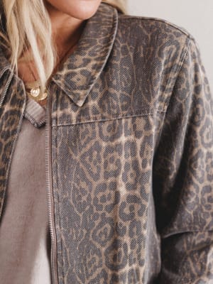 Close-up of a leopard print jacket with a neutral background