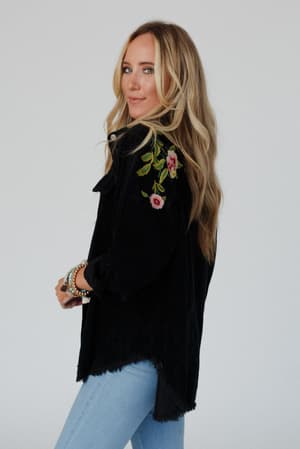 gardener-embroidered-button-down-top-black/Black