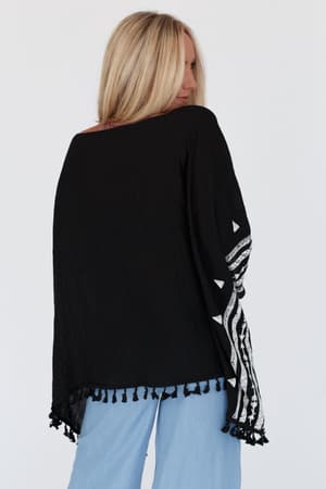 fallon-embroidered-sleeve-tassel-poncho-black/Black