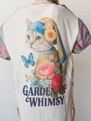 A close back-facing shot of a relaxed kimono-style top in cream, featuring a whimsical illustrated graphic of a cat dressed as Vermeer's 'Girl with a Pearl Earring,' surrounded by peonies, forget-me-nots, a sunflower, and a blue butterfly — with 'Gar
