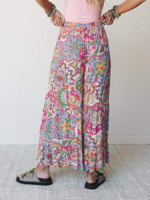 Floral Swirl Ruffled Pants - Grape Mist L / Grape Mist