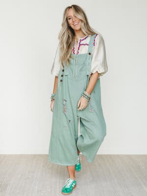 High Hopes Slouchy Denim Overalls - Sage L