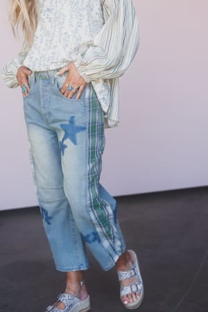 Galaxy Plaid Mix Barrel Jeans: undefined