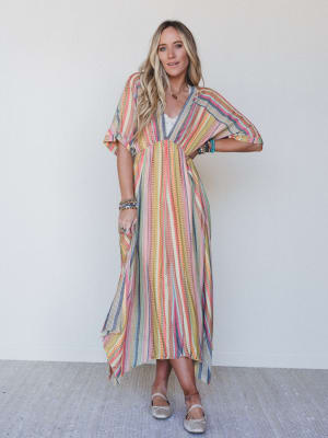 Island Tan V Neck Maxi Dress - Yellow Multi L / Yellow