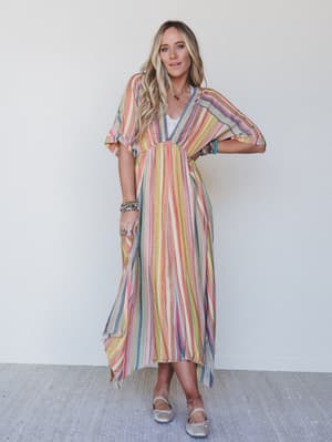 Island Tan V Neck Maxi Dress - Yellow Multi L / Yellow