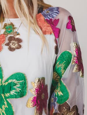 Close-up of a colorful floral embroidered garment with a white background