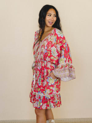 Dreamy Doll Printed Dress - Coral L / Red