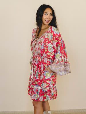 Dreamy Doll Printed Dress - Coral L / Red
