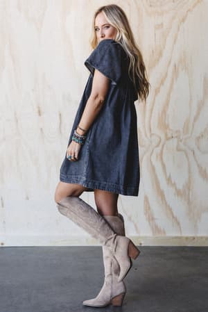 getaway-pleated-denim-dress-black/Black