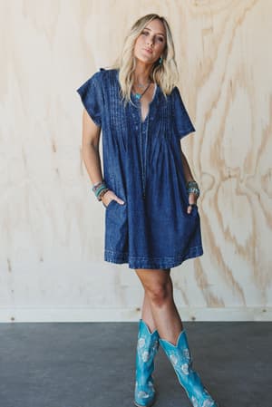 getaway-pleated-denim-dress-washed-denim/Blue