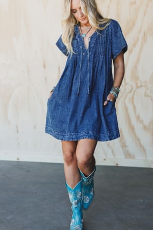 Getaway Pleated Denim Dress: undefined