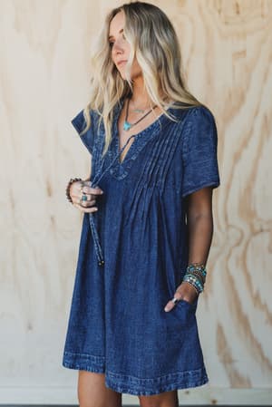 getaway-pleated-denim-dress-washed-denim/Blue