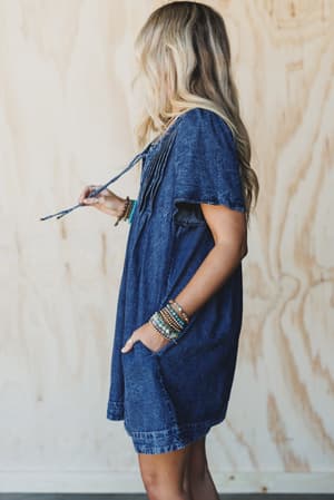 getaway-pleated-denim-dress-washed-denim/Blue