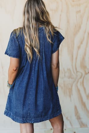getaway-pleated-denim-dress-washed-denim/Blue