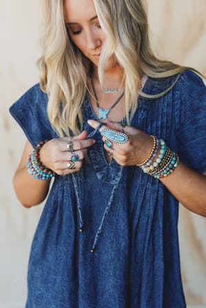 getaway-pleated-denim-dress-washed-denim/Blue