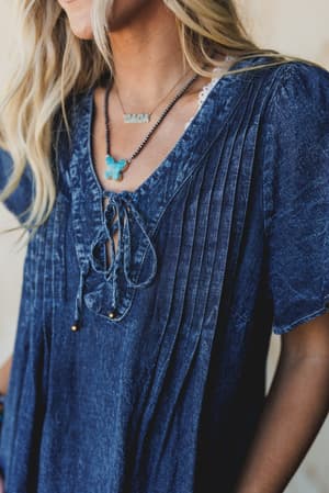 getaway-pleated-denim-dress-washed-denim/Blue