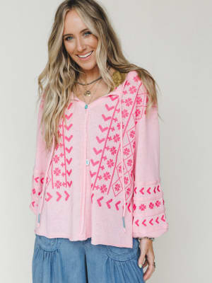 Sunset Palms Embroidered Top - Bubble Gum L / Bubble Gum