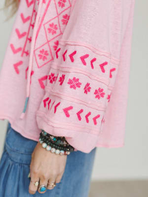 Sunset Palms Embroidered Top - Bubble Gum L / Bubble Gum