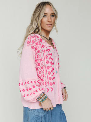 Sunset Palms Embroidered Top - Bubble Gum L / Bubble Gum