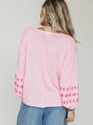 Sunset Palms Embroidered Top - Bubble Gum L / Bubble Gum