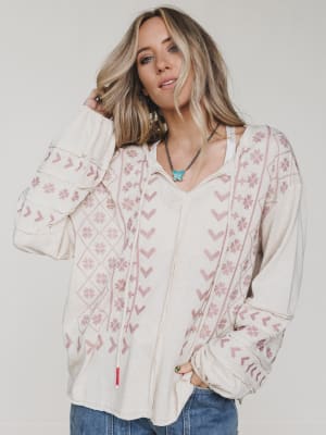 Sunset Palms Embroidered Top - Natural L / Natural