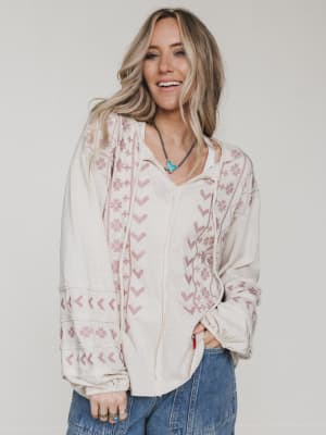 Sunset Palms Embroidered Top - Natural L / Natural