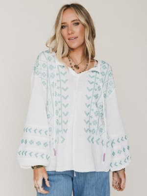 Sunset Palms Embroidered Top - White L / White
