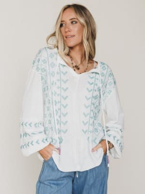 Sunset Palms Embroidered Top - White L / White