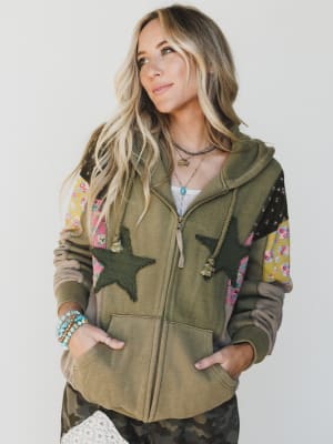 Stars on the Double Zip Up Hoodie - Faded Olive L / Faded Olive
