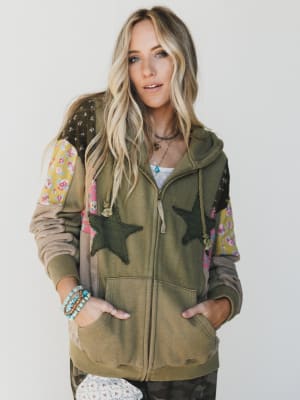 Stars on the Double Zip Up Hoodie - Faded Olive L / Faded Olive