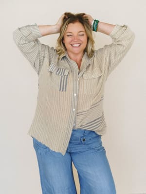 Solana Stripe Button Down Top - Faded Sage L / Faded Sage