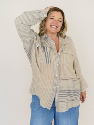 Solana Stripe Button Down Top - Faded Sage L / Faded Sage