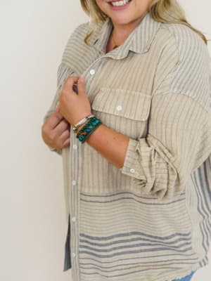 Solana Stripe Button Down Top - Faded Sage L / Faded Sage