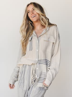 Solana Stripe Button Down Top - Faded Sage L / Faded Sage