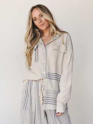 Solana Stripe Button Down Top - Faded Sage L / Faded Sage