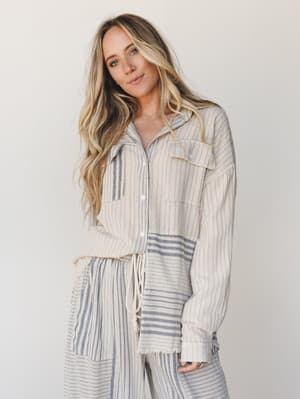 Solana Stripe Button Down Top - Faded Sage L / Faded Sage