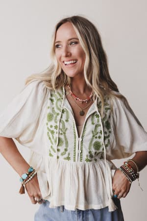 louella-embroidered-peplum-top-olive/Green