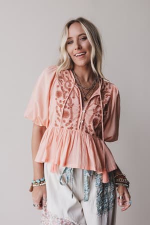 louella-embroidered-peplum-top-coral/Orange